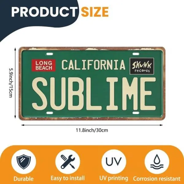 12x6 in Casual Vintage Distressed California Sublime License Plate-Style Metal Tin Sign - Weatherproof Long Beach Skunk Records Retro Green Pre-Drilled Wall Mount Letters Speciality Plaques & Signs for Garage Man Cave with US Local Shipping