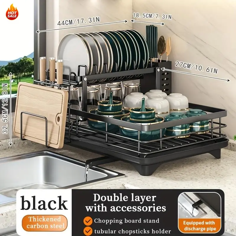 Large Double Tier Metal Cutlery Organizer for Kitchen Counter, Space-Saving and Durable with Knife, Fork, Cup Holders, and Draining Board, Rustproof Two-Tier Steel Storage Rack for a Neat Kitchen