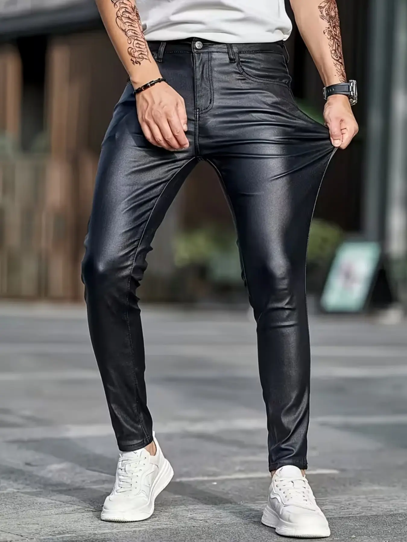 Men's Black Faux Leather Slim Pants, Fashionable and Unique, Easily Create a Trendy Look!