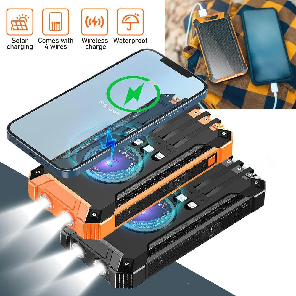 10000mAh Power Bank Wireless Charger - Built-in 4 Cables, Six Outputs, 15W Fast Charging - Solar Portable Charger with Dual Flashlight, Carabiner