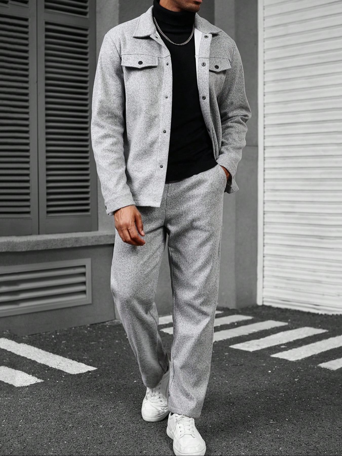 Men's Simple Fitted Woolen Jacket Set, Fashion Casual Design, Suitable for Work or Outing, Lightweight Ensemble, Enhance Your Wardrobe Taste