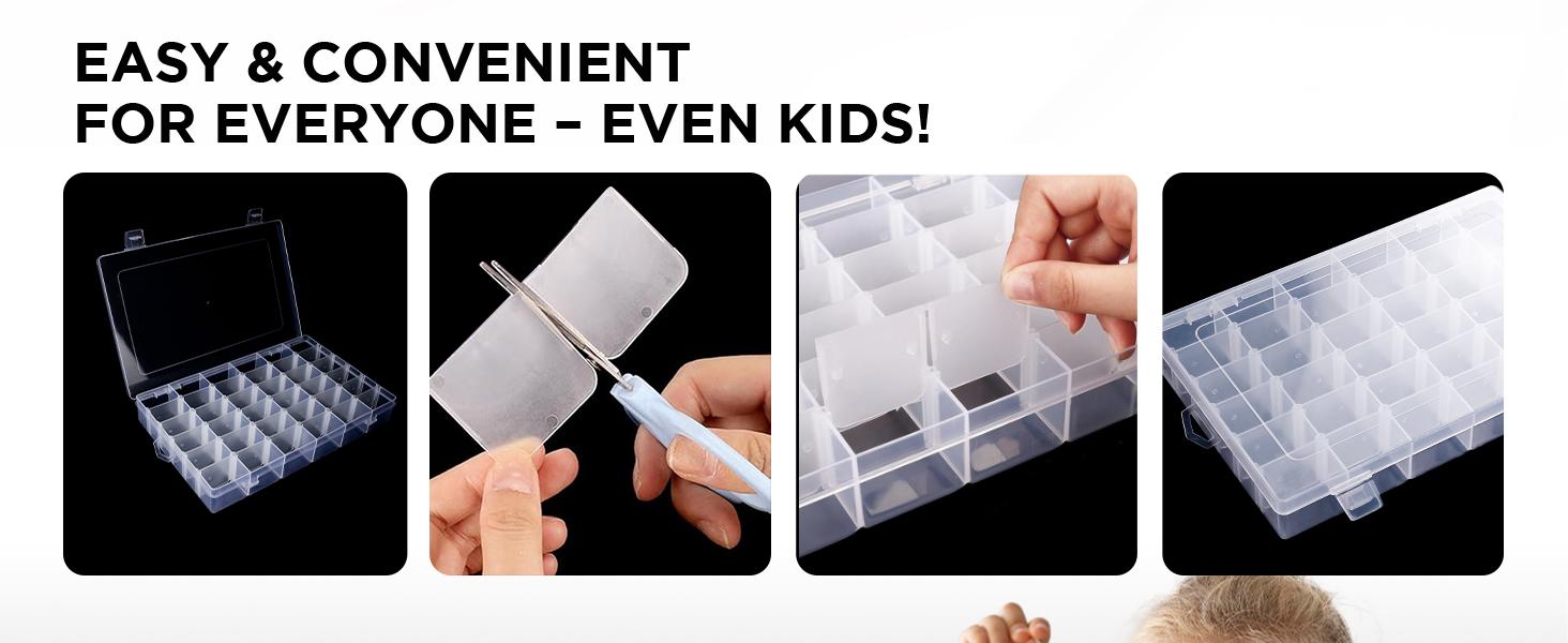 4pack 36 Grids Plastic Clear Organizer Box Bead Storage Containers with Adjustable Dividers for Craft Jewelry Fishing Tackles Parts Storage with 4 Sheets Label Stickers