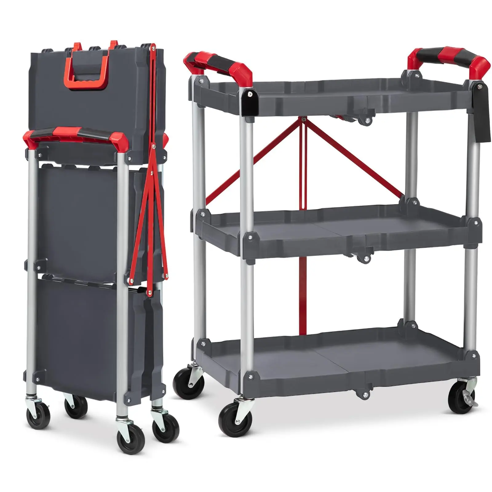 High Capacity Folding Utility Cart – 3-Tier Collapsible Service Trolley with Swivel Wheels & Brakes – Lightweight, No Assembly Needed – Under Desk Storage for Office, Home, Garage, Warehouse