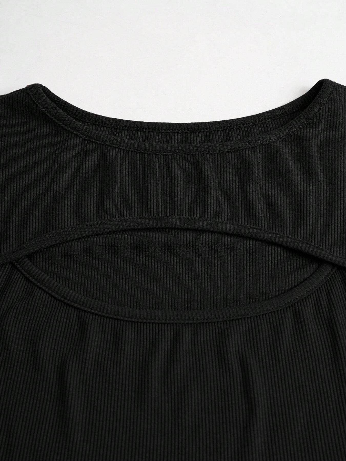 Women's Plain Cut Out Round Neck Ribbed Slim Tee, Elegant Long Sleeve Crew Neck T-shirt for Spring & Fall, Women's Top for Daily Wear