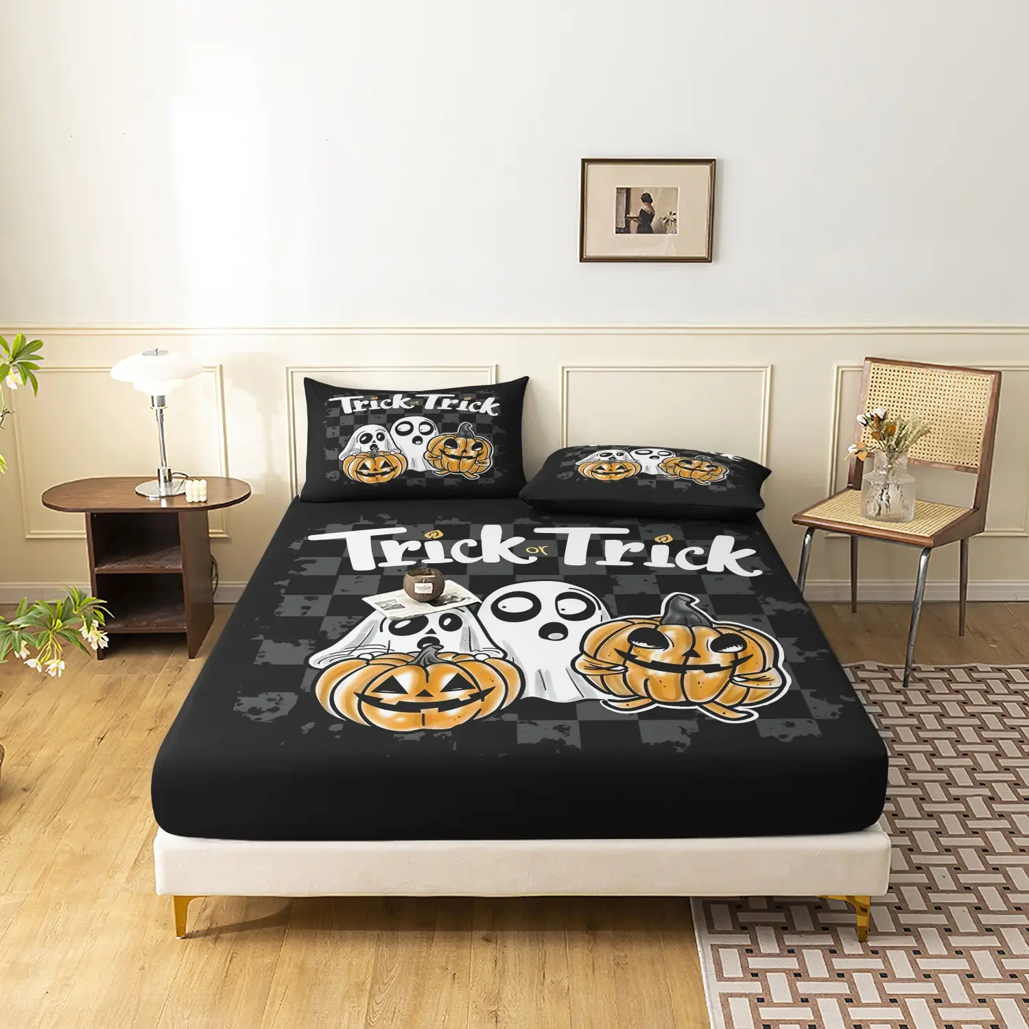 3Pcs Checkerboard Trick Or Treat Halloween Print DFitted Sheet Set, Black Grey Distressed Plaid Ghost Pumpkin Cartoon Printed Bedding, Soft Microfiber Retro Spooky Bedroom Decoration (1 Fitted Sheet + 2 Pillowcases, No Pillow)
