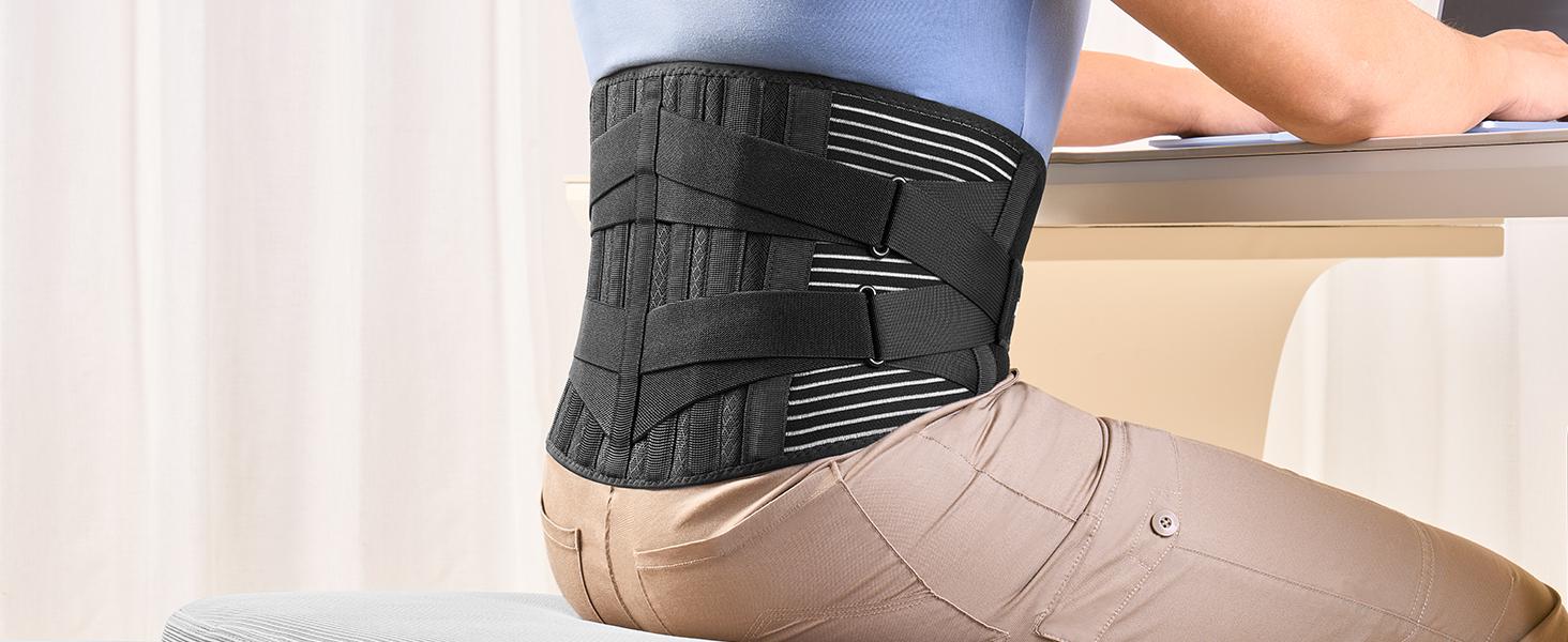 UGEM Breathable Back Support Belt with 6 Stays, Lower Back Pain Relief Lumbar Brace for Men/Women Work, 16‑hole Mesh Anti‑skid for Sciatica