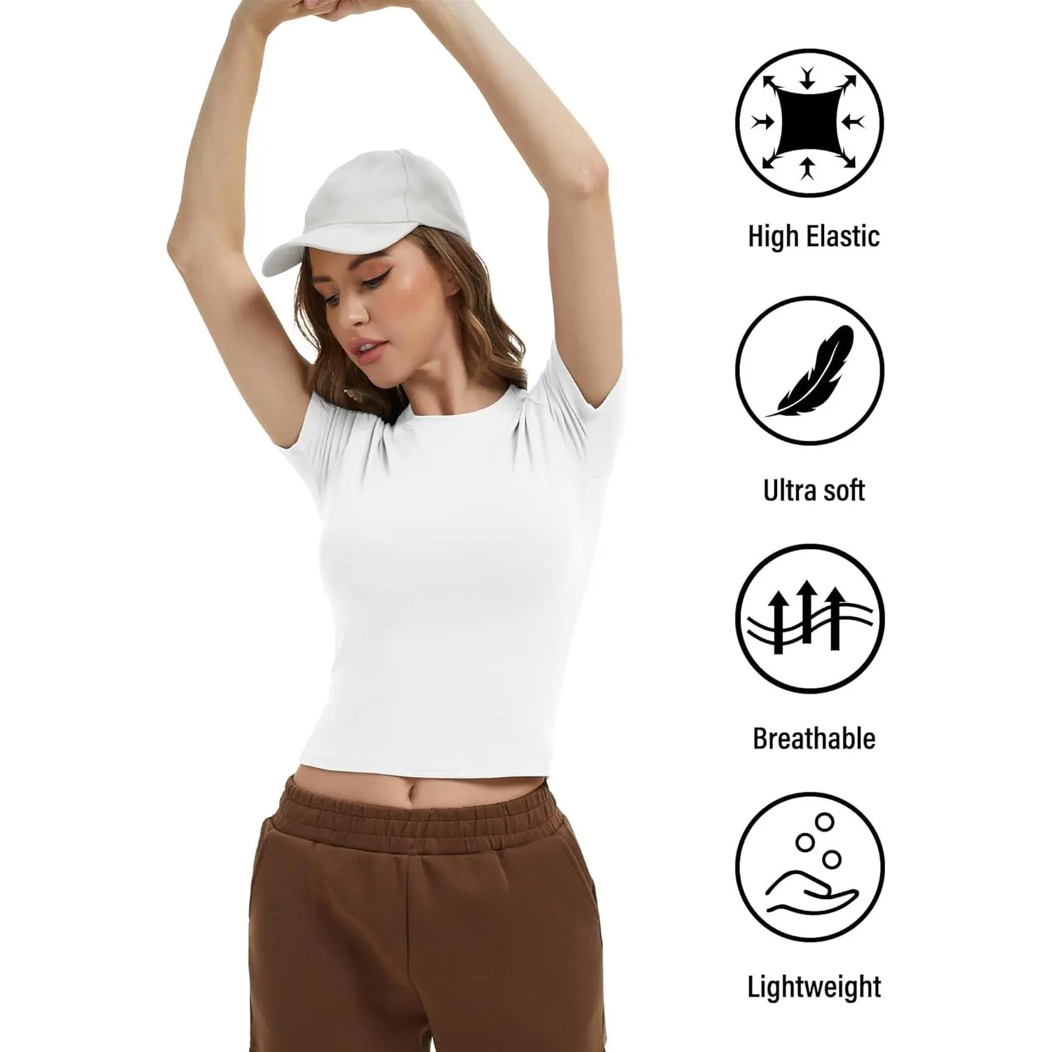 Women's 4-Pack Compression Crop T-Shirts - Short Sleeve, Crew Neck, Body-Hugger, Moisture-Wick Polyester Spandex Athletic Tops for Workout Yoga, Machine Wash Cold