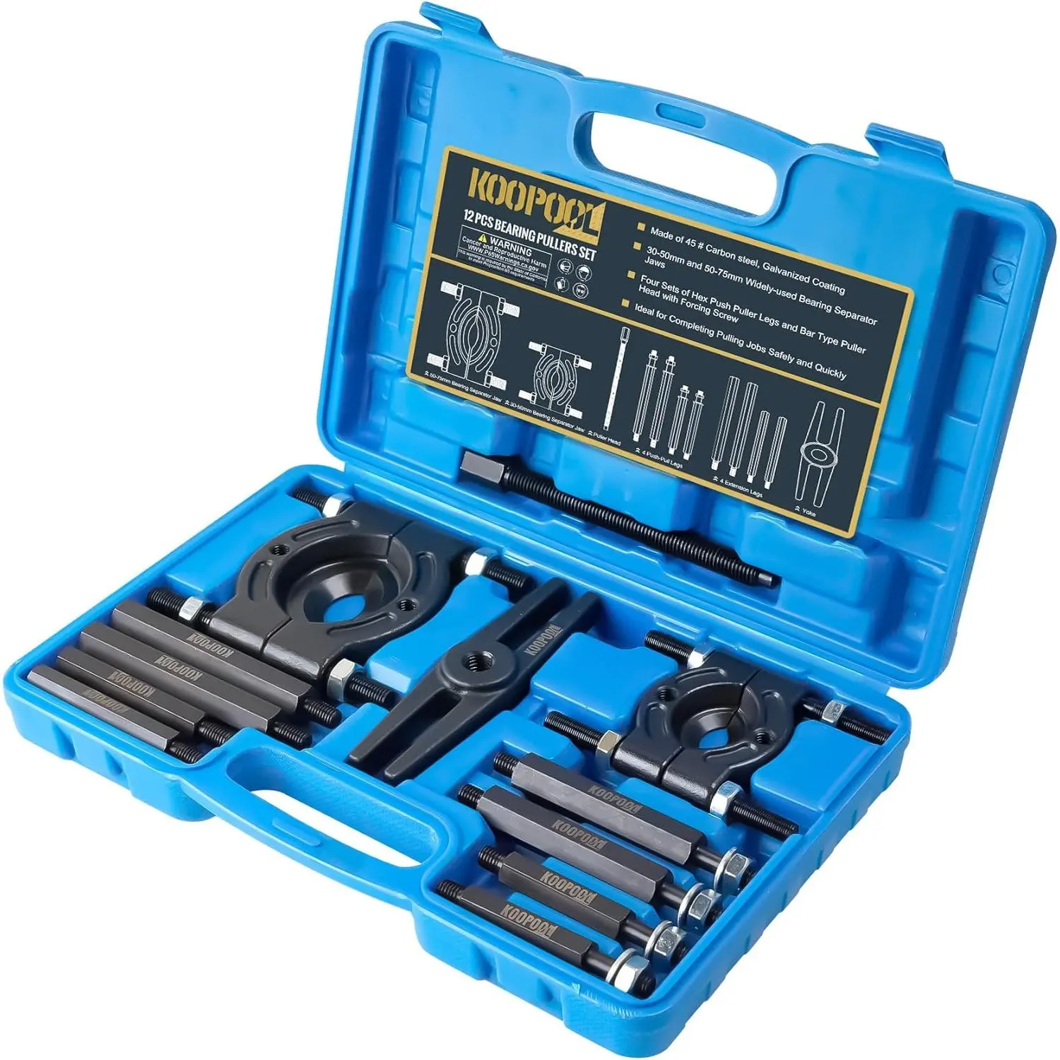 KOOPOOL 12-Piece Bearing Puller, Wheel Hub Puller Set, Wheel Bearing Removal Tool, Blind Bearing Puller, 5 Ton Capacity Bearing Separator with 2’’ and 3’’ Bearing Separator Jaws
