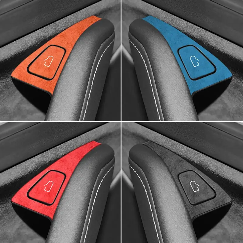 Car Interior Door Switch Button Trim Covers for Tesla Model 3/Y (2019-2024) - Premium Natural Suede, Luxury Brass, Wear-Resistant, Zebra Print Automotive Interior Sticker Accessories