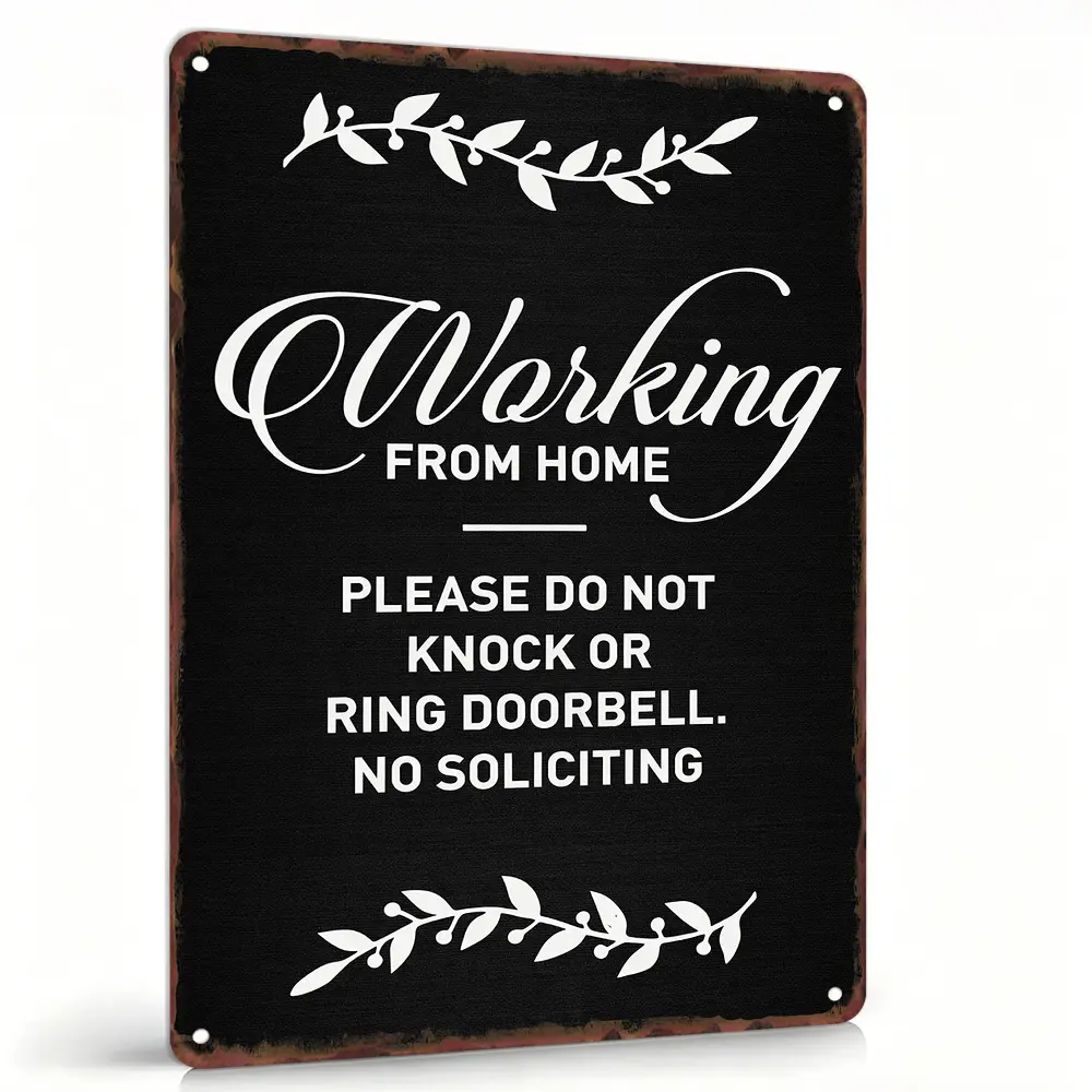 8x12 in Vertical Lightweight Aluminum Remote Worker Sign - "Working From Home Please Do Not Knock Or Ring Doorbell No Soliciting", Vintage Black Leaf Rustic Wall Decoration Plaque, Waterproof Home Office Gift for Indoor/Outdoor Hanging