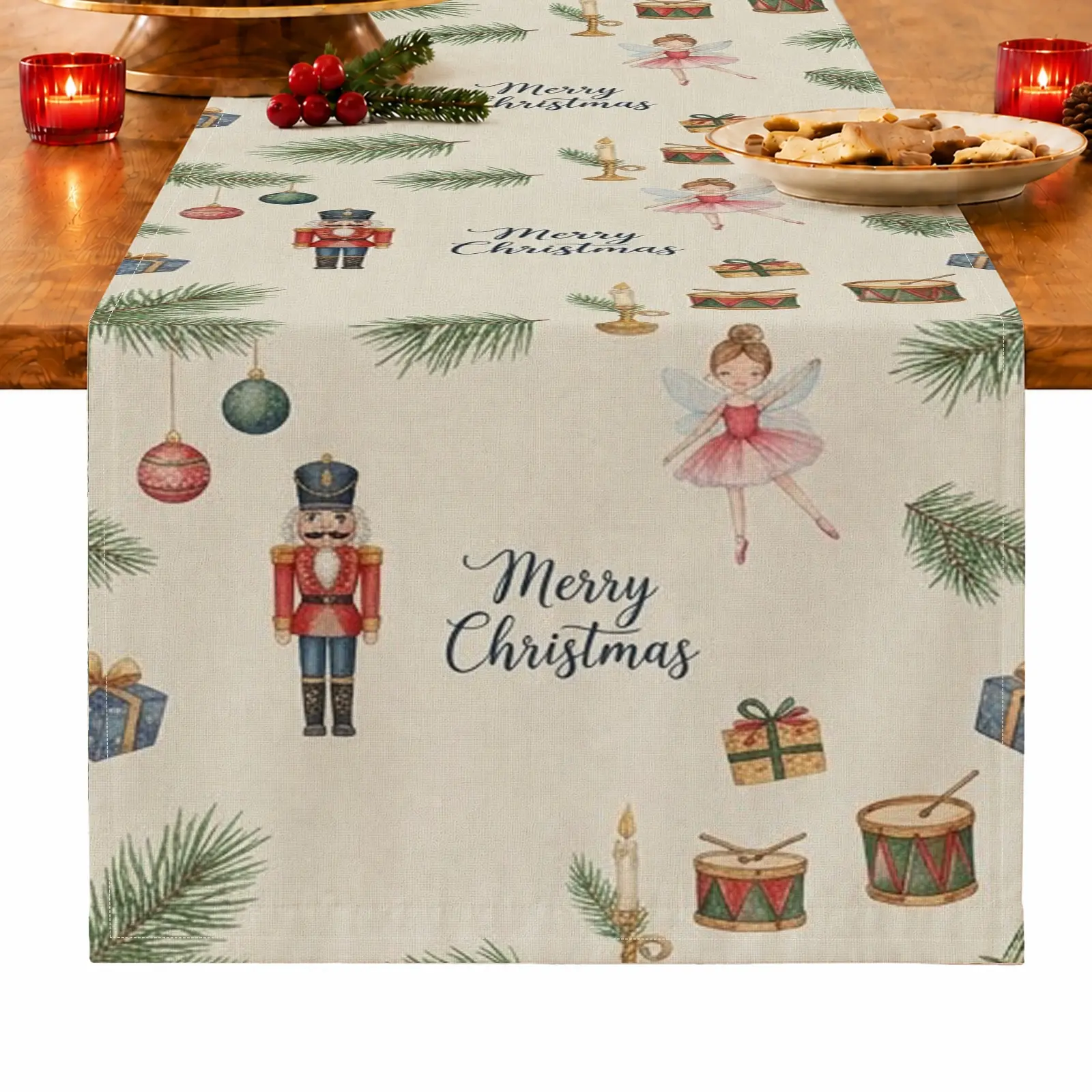 1pc Nutcracker Ballerina Gift Box & Pine Branch Table Runner, Vintage Whimsical Christmas Style, for Dining Table, Kitchen, Christmas Dinner, Holiday Gathering &, Christmas Table Decoration and Festive Home Decor