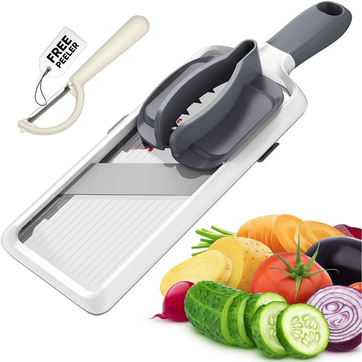 Multi Handheld Mandoline Slicer - Adjustable Stainless Steel  | Hand Guard & Peeler Included, 1-4 mm Adjustable,Non-Slip Grip, Easy Rinse Clean, Space Saving, For Salad Stir-Fry Meal Prep