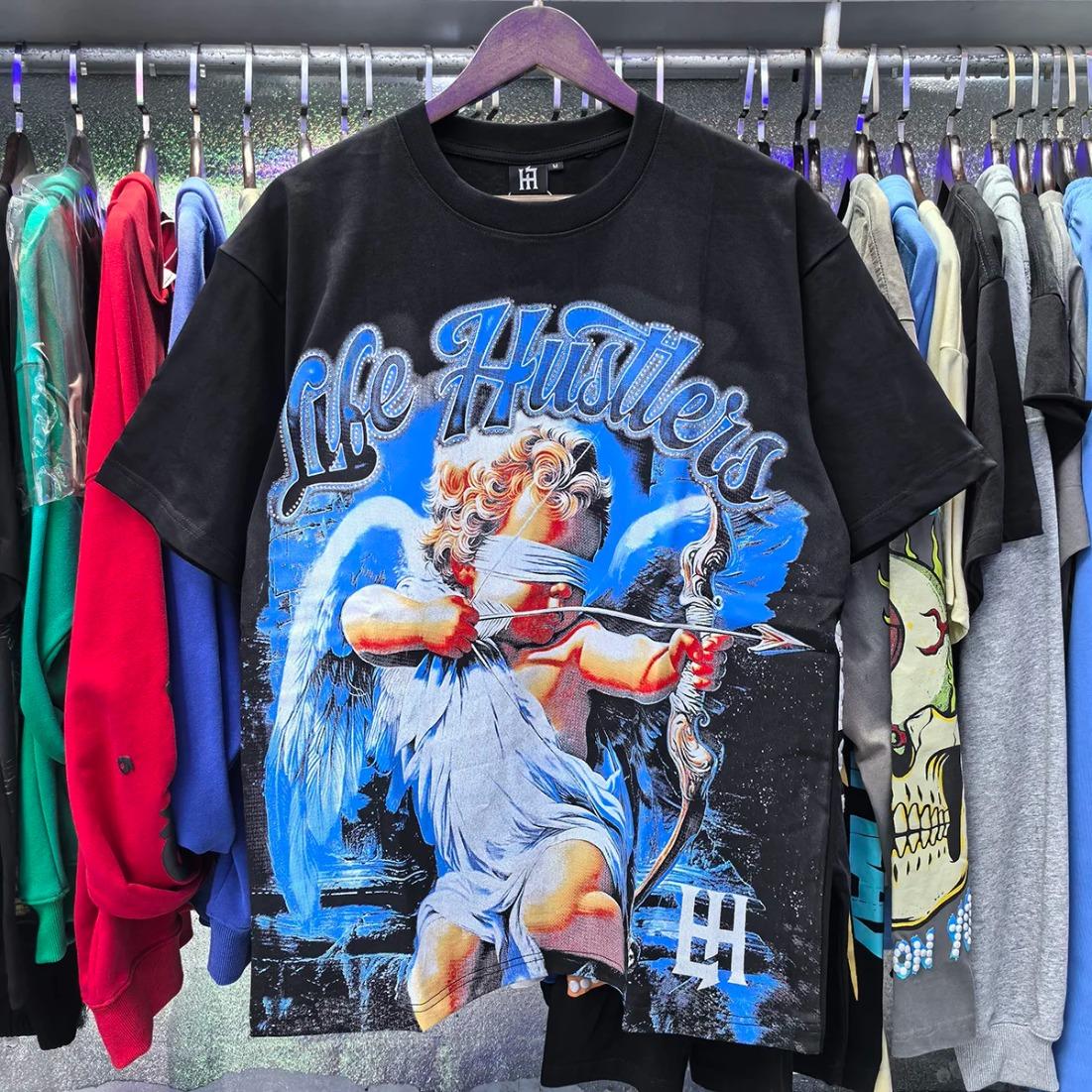 Masked Angel Shooting Arrows Diamond Cotton Short Sleeve T-shirts for Men and Women Crew Neck Loose Summer T-shirt Oversized Tees Streetwear Graphic Tee Trendy Casual Unisex Hip Hop Cool Fashion Summer Style Edgy Urban Vibes