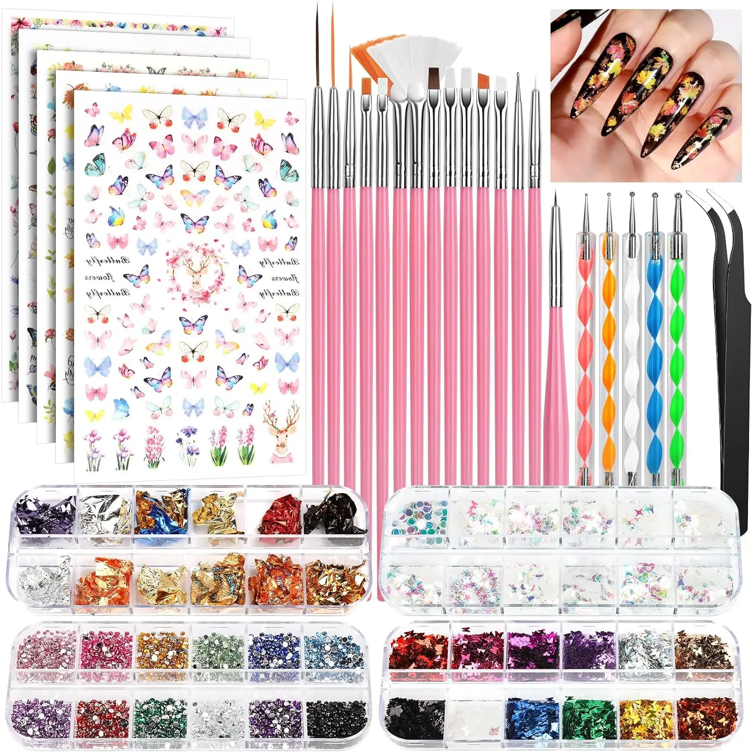 Nail Art Brushes Set, Nail Art Kit Including Nail Art Dotting Pens, Nail Stickers, Butterfly Nail Sequins, Nail Foils, Iridescent Nail Art Flakes, Rhinestones For Nails