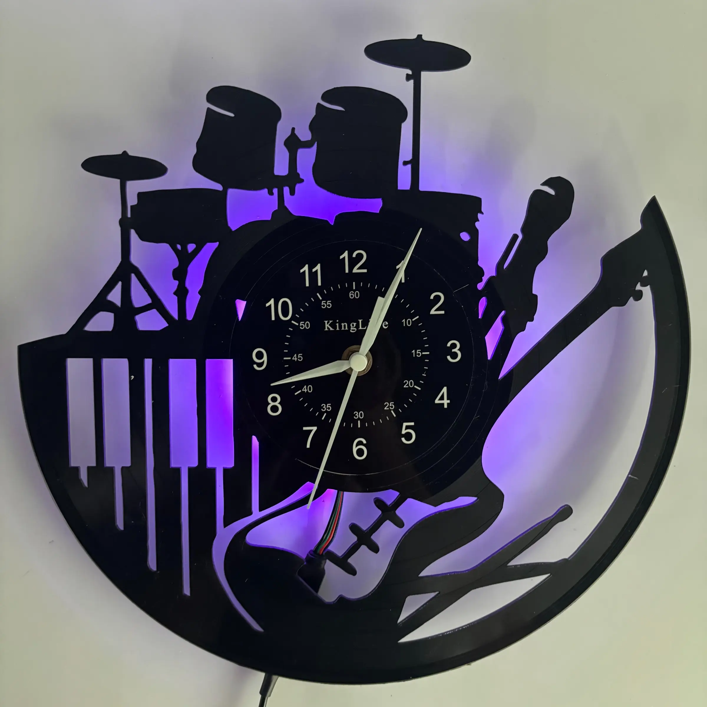 Music-Themed Vinyl Record Wall Clock, Wall Art Clock, Rock Guitar and Drum Kit Silhouettes, Decorative Gift for Music Lovers, Ideal for Studios and Cafes