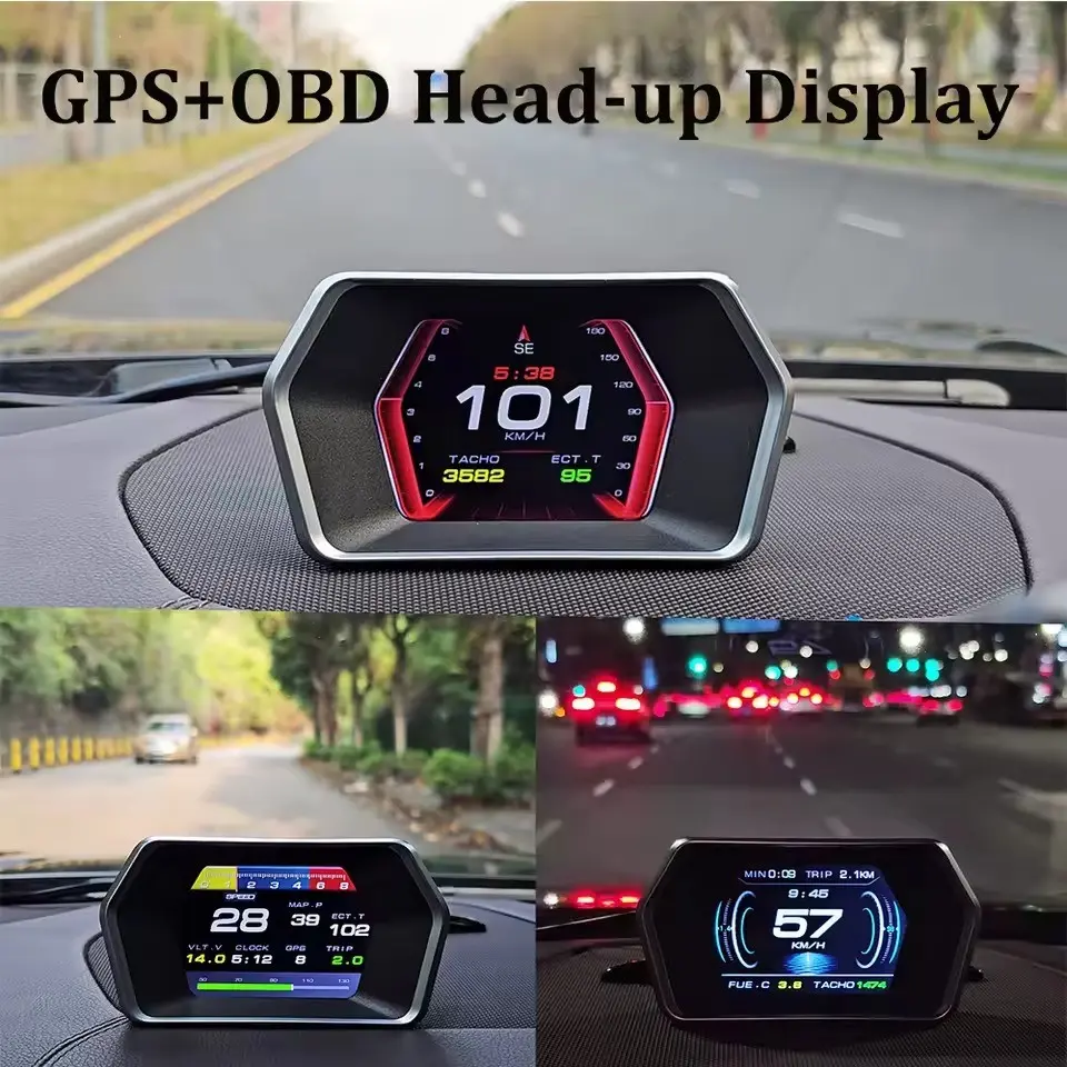 P17 Hud Head-Up Display, Obd2 Multi-Function Dashboard, GPS Speedometer Thermometer Tachometer, Compatible with Various Vehicles