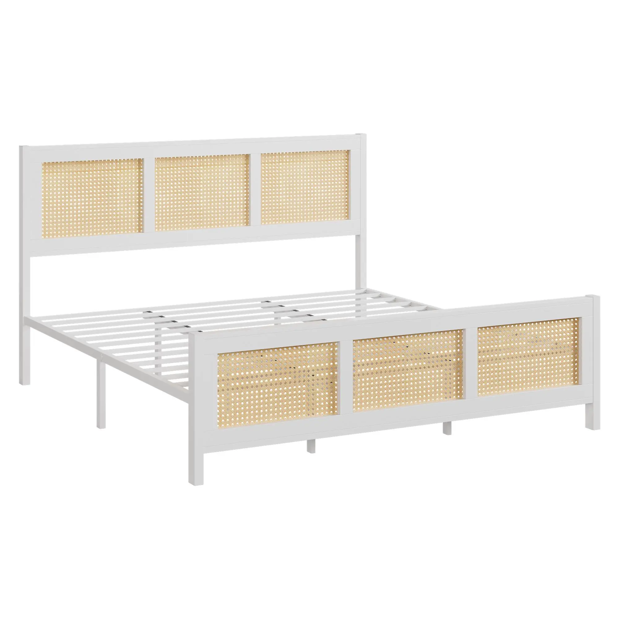 Boho Rattan Bed Frame King Size with Headboard, Modern Metal Platform Bed Frame with Natural Woven Rattan Footboard, Heavy Duty 800 lbs Wood Slats Support No Box Spring Needed Noise Free White