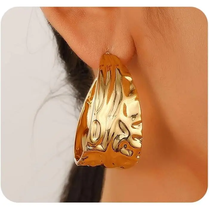 Hammered Hoop Earrings for Women,Plated  Chunky Statement Earrings,Hammering Wide Big Earrings Aesthetic