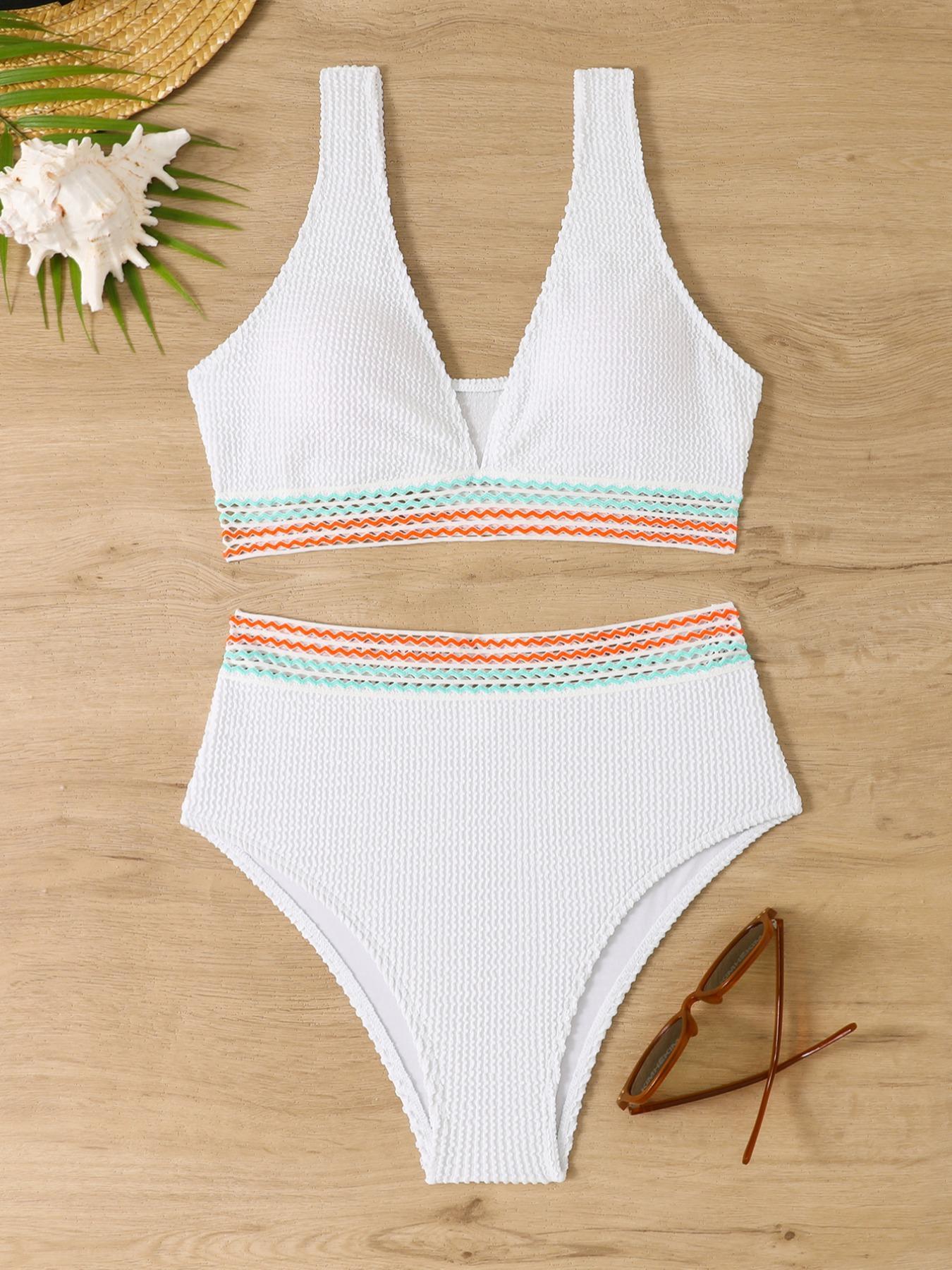 Two-Piece Set Women's Striped Tape Textured Hollow Out Bikinis, Casual Sleeveless V Neck High Waist Swimwear, Lady Bathing Suits Set, Women's Swimsuit, Bikinis Sets, Swimsuit Style Bikini