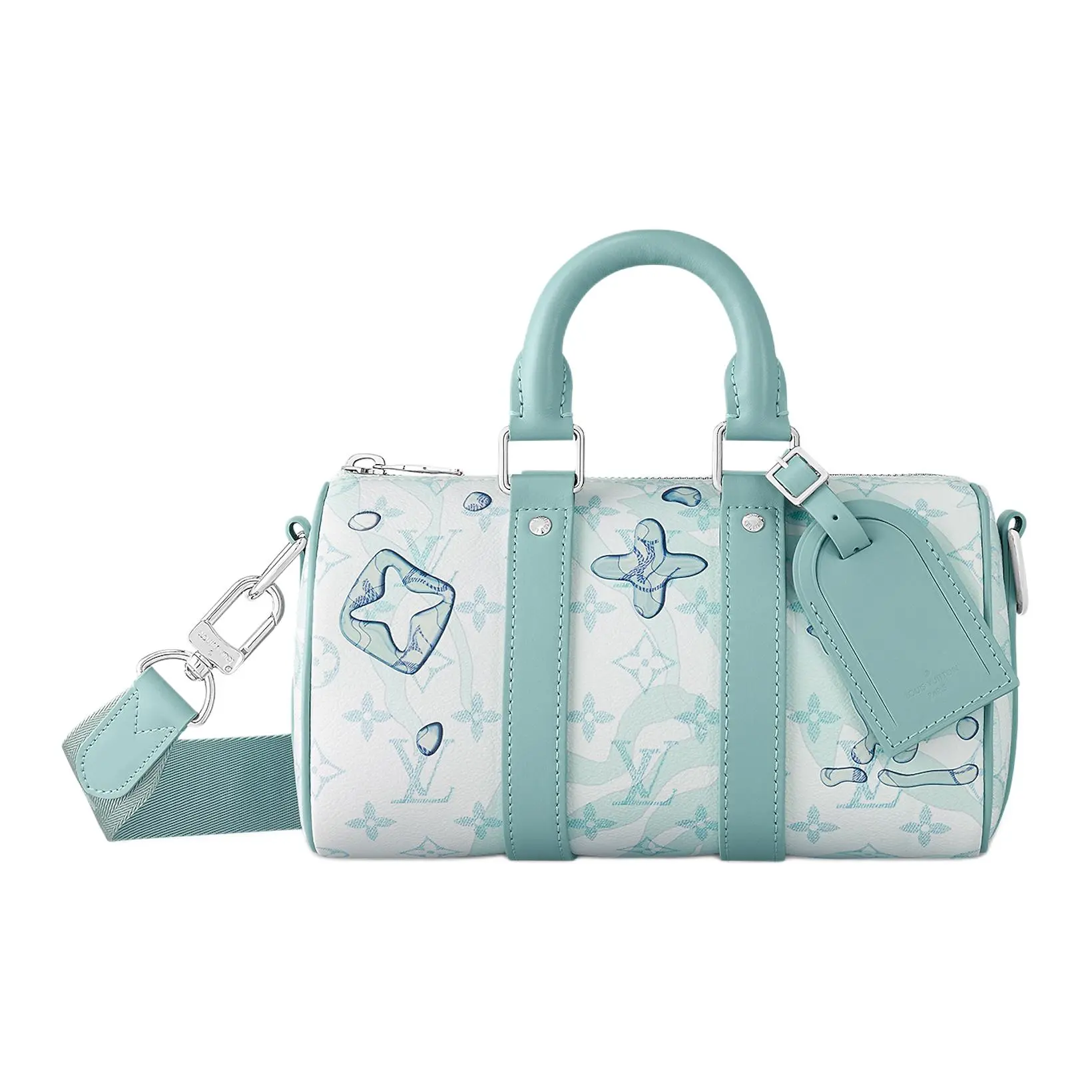 Women's Louis Vuitton Keepall 25 Vintage Monogram Ink Waterpark Drop Print Canvas Carry-All Handbag, Light Blue Shoulder Crossbody Bag, Carry-All Women's Handbags