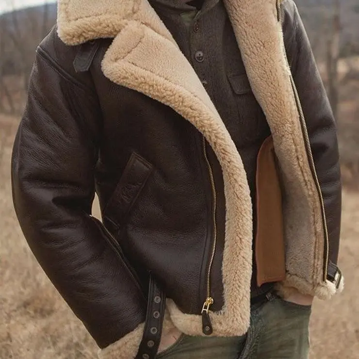 Mens Bomber Jacket Vintage Faux Fur Coat Sherpa Lined Heavyweight Shearing Coat Faux Leather Jackets