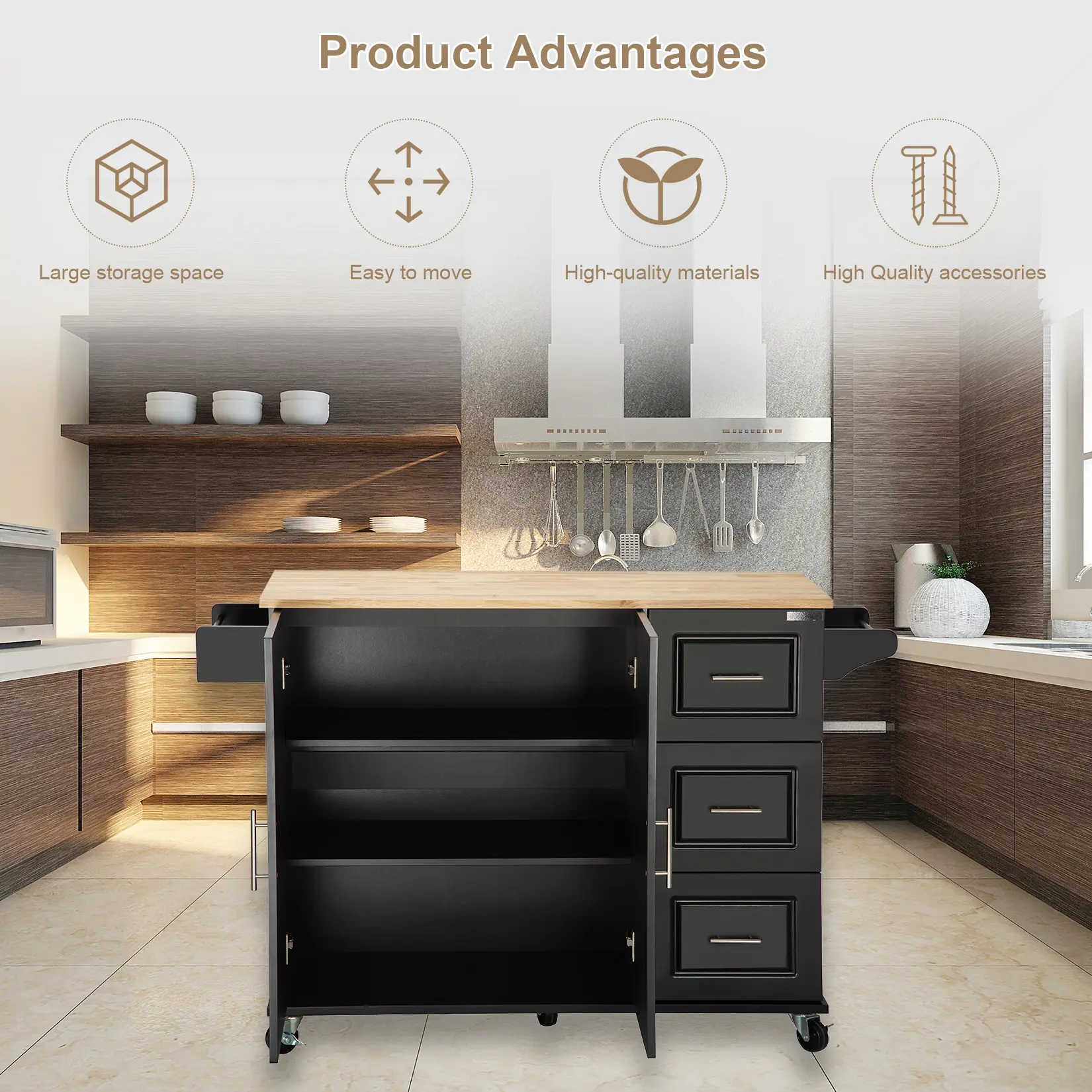 Nokaa Mobile Kitchen Island Cart - Extendable Rubber Wood Top, 3 Drawers, Cabinet, Spice Rack, Towel Rack, Lockable Wheels, Black MDF, 53.93"l x 17"w x 36.22"h, for Kitchen/Dine Storage, Mobile Cart