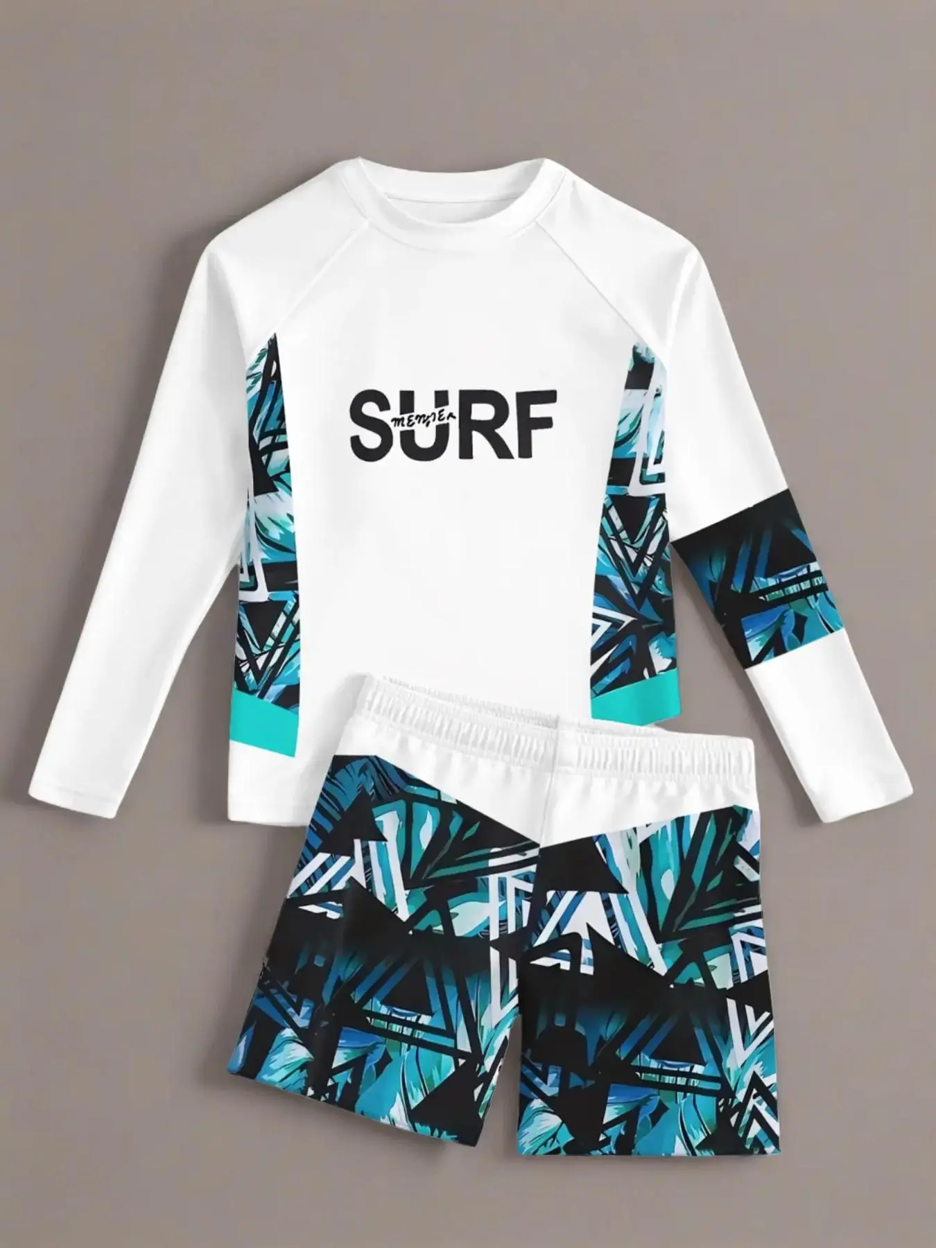 Boys Summer Long Sleeve Shorts Swimwear Set, Geometric Print Quick-Dry Swimsuit Two-Piece, Casual Loose-Fitting Beachwear
