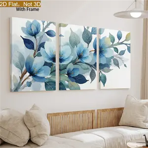 2D canvas art, three-piece set of vertical watercolor blue floral wall paintings, suitable for living room, bedroom, and office decoration--plant-themed canvas painting with framed edges, modern minimalist style, suitable for hanging in narrow spaces, ele