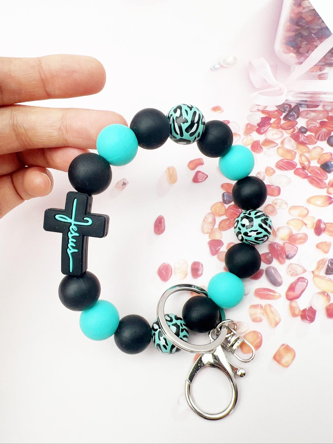 Leopard Wood Beads Keychain, Multi-colored Silicone Beads, Crossover Letters Bag Pendant, Car Key Pendant, Gift for Friends