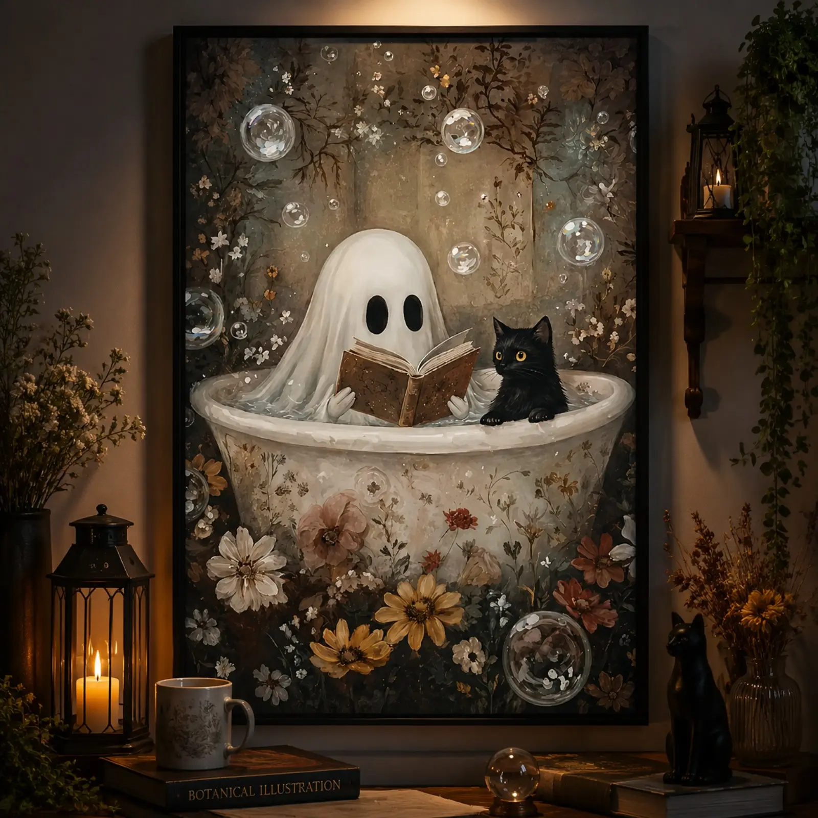 Cute Gothic Ghost Cat Canvas Wall Art Print - High-Definition, Multi-Size Whimsical Home Decor Poster, Halloween Gift for Bedroom