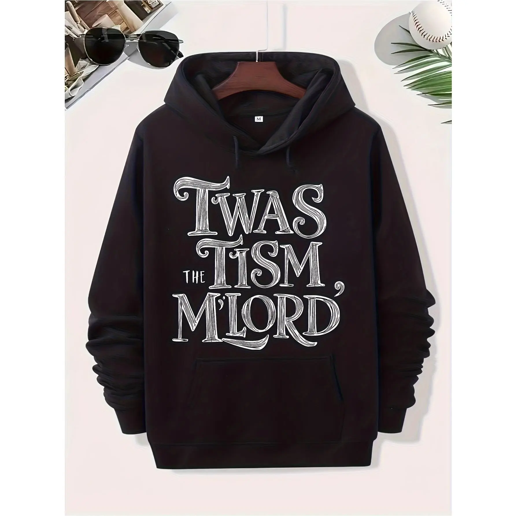 Men'S Vintage Graphic Hoodie - Twas The Tism M'Lord| Black with White Text, Soft Everyday Sweatshirt, Machine Washable, Comfortable, Breathable, Suitable for Outdoor Sports, Regular Fit, Hooded Collar, Slight Stretch Fabric