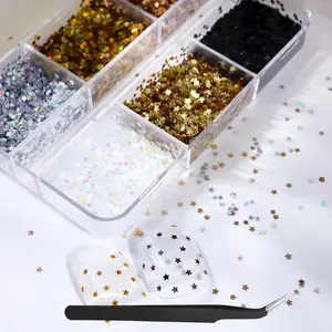 1 Box 6 Grids 6 Color Holographic Tiny Star Nail Glitter 3D Laser Gold Silver Champagne Sparkly Sequins Flakes for Nail Art