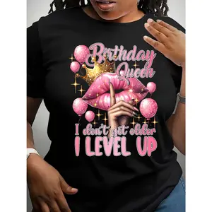 Birthday Queen Print Crew Neck T-Shirt, Casual Short Sleeve T-Shirt for Spring & Summer, Women's Clothing