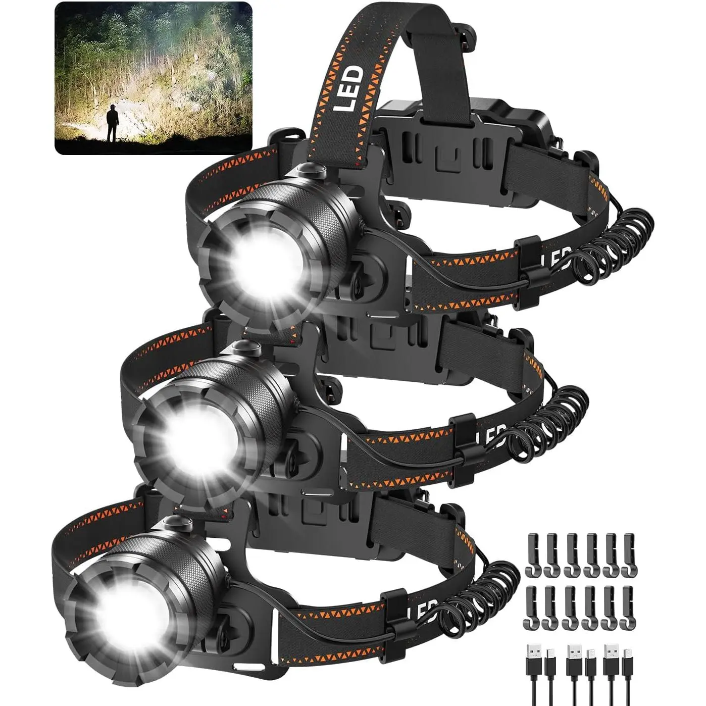 3Pack Rechargeable Headlamps  Adults, 3000 Super Bright Head Lamps LED Rechargeable, 4Mode Head Lights  Forehead Hard Hat, Adjustable Focus 90 °   Headlight, Waterproof LED Headlamp Camping