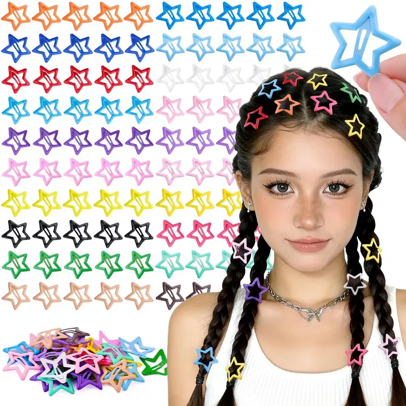 Girls' 100-Pack Star Barrette Clips - Non-Slip Lightweight Snap Ponytail & Fashion Hair Accessories, Safe Colorful Candy-Style Mini Girls' Hair Clips for School Wear, Gift Idea