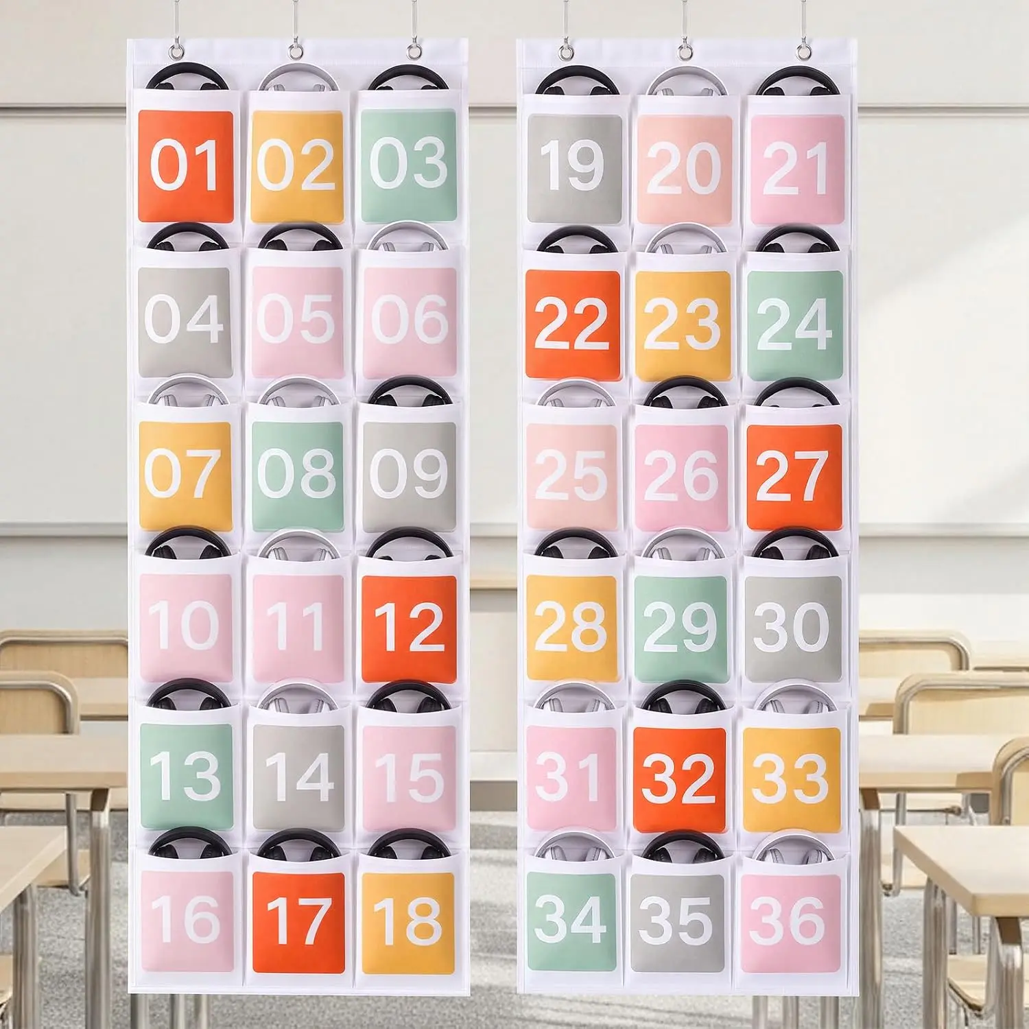 2 count Classroom Headphone Storage Organizer with 36 Pockets Boho Over The Door  Classroom Headphone Holder Pocket with 6 Hooks Cell Phone Holder Earphone for School Library(White)
