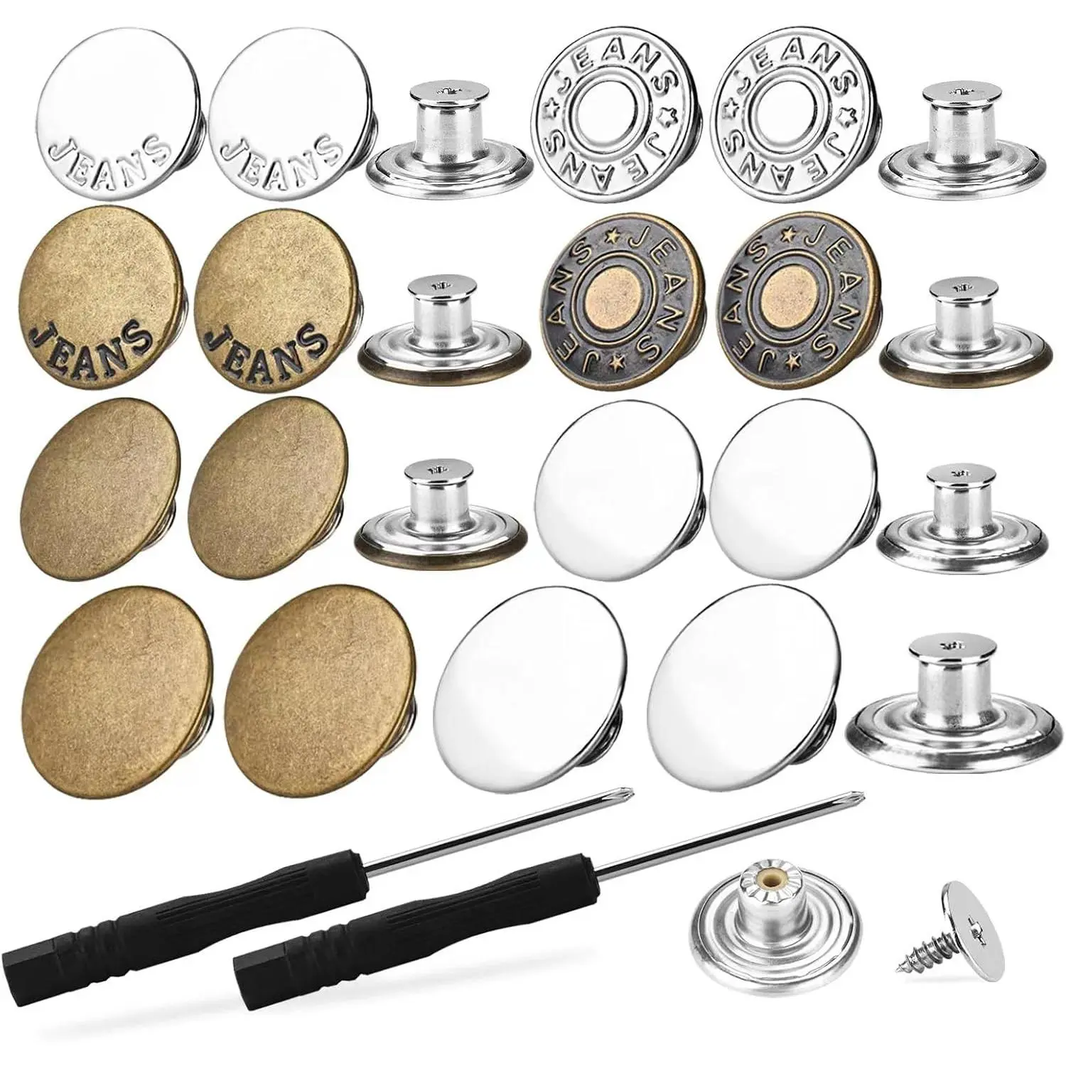 32 Sets Jeans Buttons , 17mm and 20mm No-Sew Removable Metal Buttons for Pants, Button for Sewing Metal Jeans, Contains 35 Rivets and 2 Screwdrivers in Storage Box