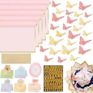 52Pcs Flower Bouquet Wrapping Paper Accessories Kit, 20 Sheets Pink Waterproof Gold Edge Floral Wrapping Paper, 12 Gold & 12 Pink Butterflies, 5 Cards, 1 Ribbon, 1 Letter & Rhinestone Sticker