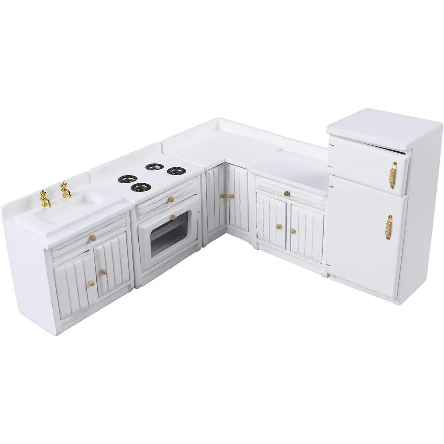 1:12 Scale Dollhouse Kitchen Furniture Set, 5 Piece Wooden Miniature Kitchen Accessories with Cabinet, Fridge, Sink, Corner Cabinet, Classic Dollhouse Decor Furniture Scenes Accessories