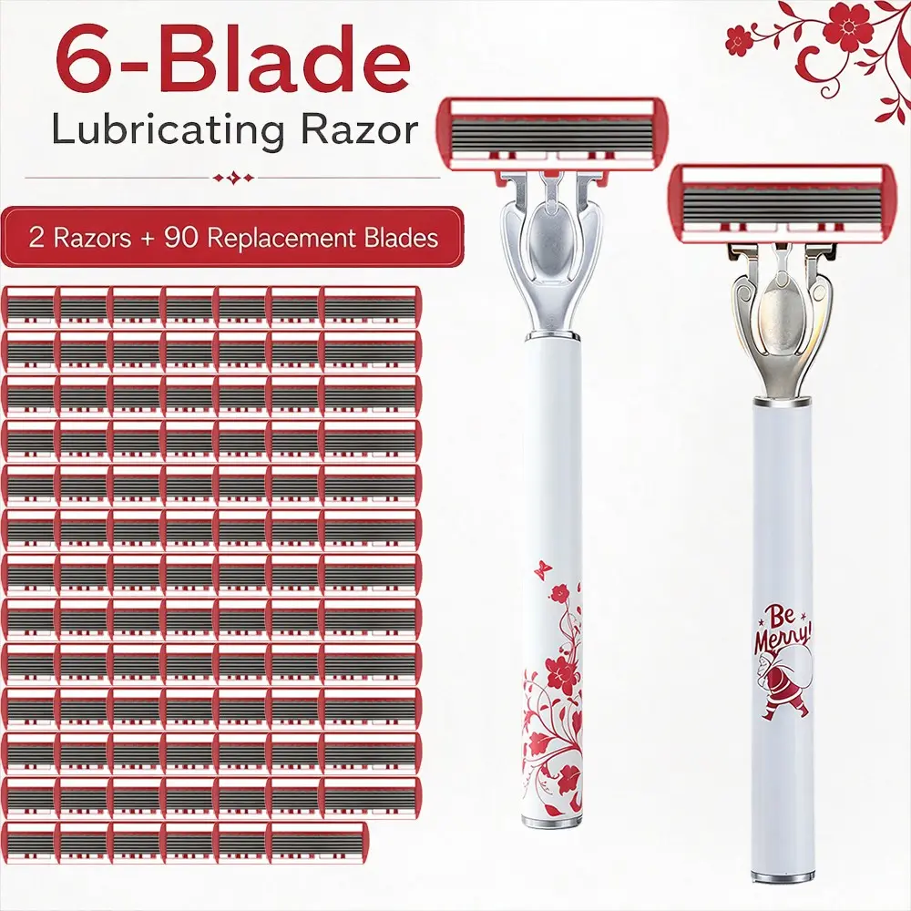 Floral Vine & Santa Design Razor Set, 2 Handles + 90 Replacement Heads, 6-Layer Lubricated Manual Shaver, Smooth & Gentle, Travel & Bathroom Use