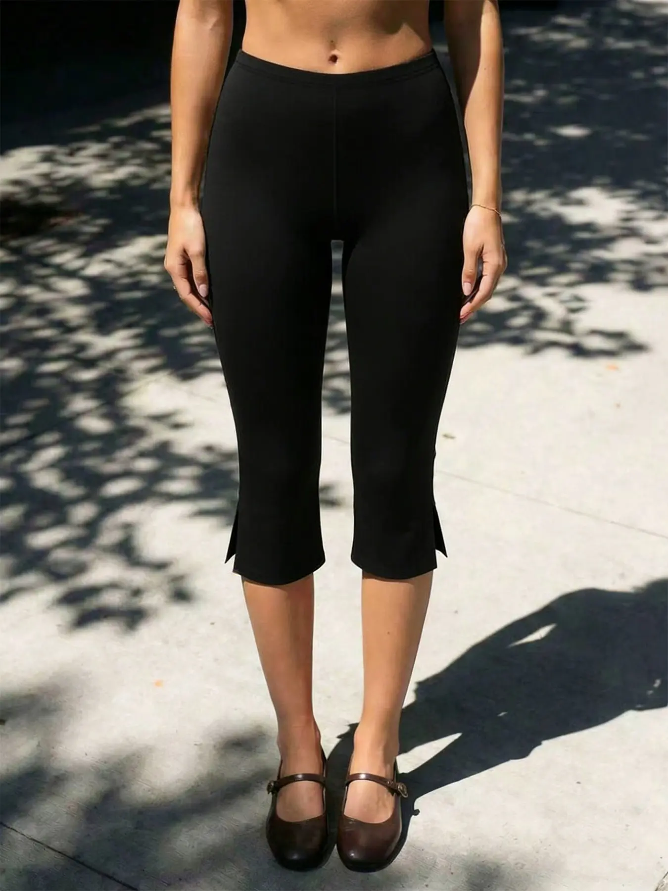 Women Side Slit Capri Pants, Breathable Regular Waist Skinny Trousers, Basic Versatile Bottoms For Indoor Lounge, Daily Walking And Casual Outdoor Activities