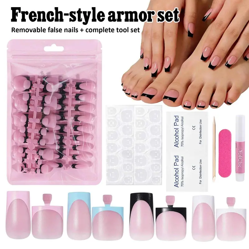 6pcs/set Pink, Blue, Black, White Square French Short Press-On Nails, Glossy Surface, Full Coverage Removable Fake Nails, Removable False Nails, with Complete Nail Tools Glue Tabs Alcohol Pads Nail File Cuticle Stick