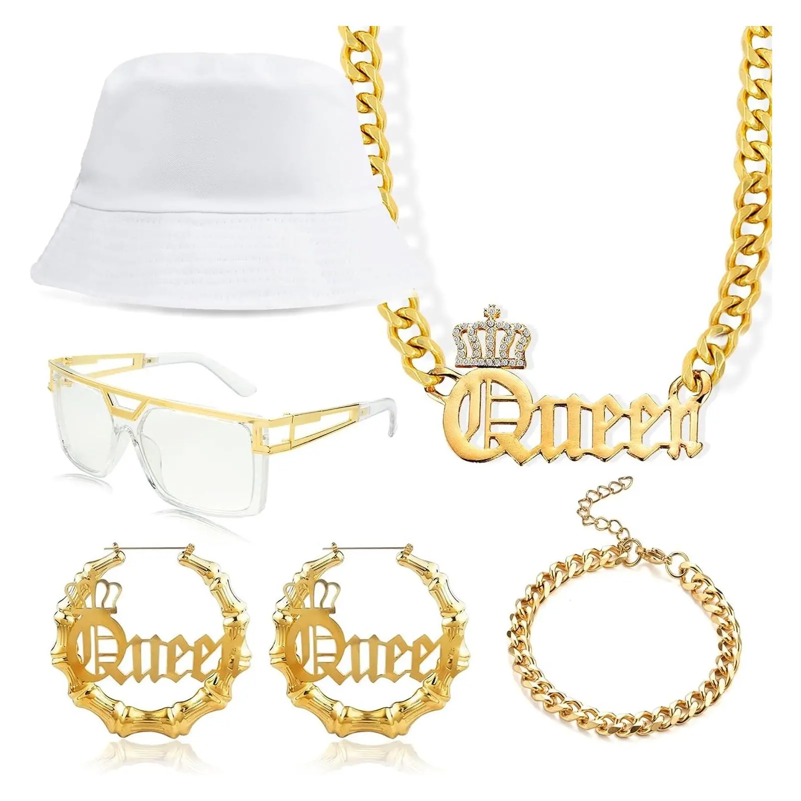 80s 90s Hip Hop Queen Costume Kit with Hat & Accessories Set for Women Rapper DJGift