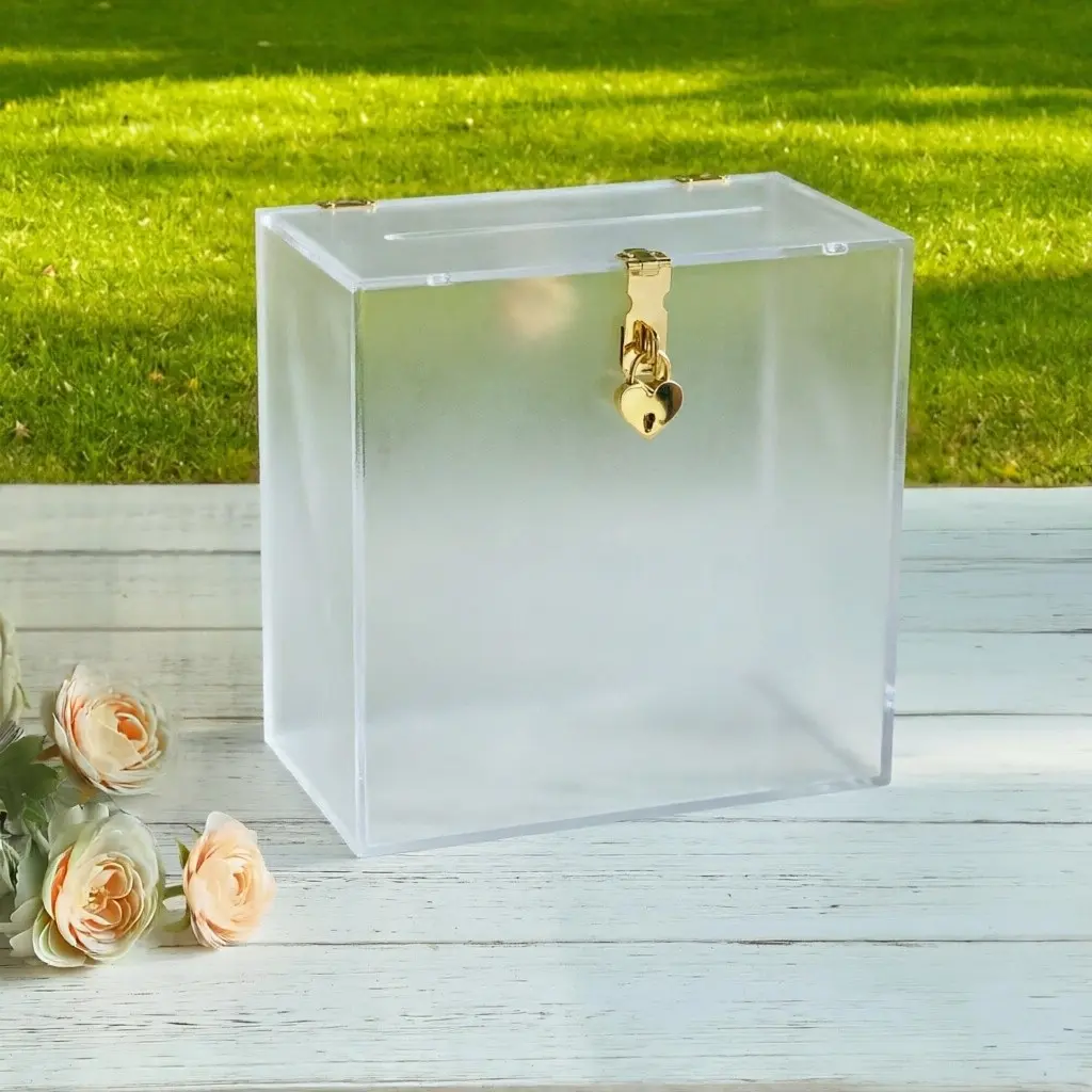 Matte Transparent Card Box with Heart Lock and Key, DIY Wedding Blank Acrylic Box, 10x10x5.5 Inches, Party Decor, Donation Box, Graduation Gift