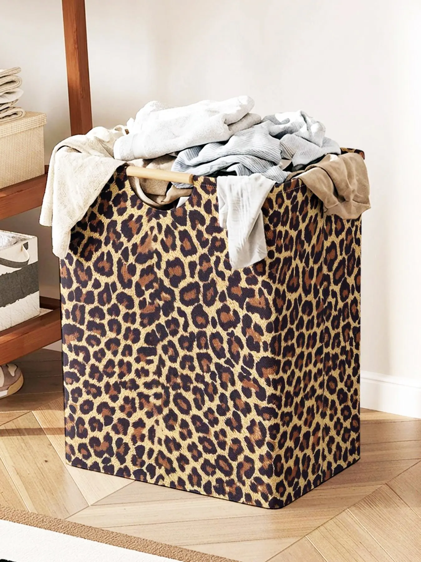 Leopard Pattern Open Storage Box, Foldable Laundry Basket with Handle, Laundry Hamper, Home Bathroom Dirty Clothes Organizer, Casual Duffel Weekender Bag