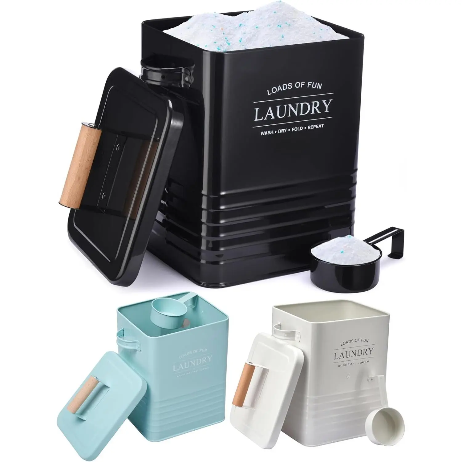 Modern Compact Durable Metal Tin Laundry Detergent Box - Airtight Lid, Handles, Scooper, Soap Pod Storage Bin & Scent Holders (Home Organizer Storage Jar)