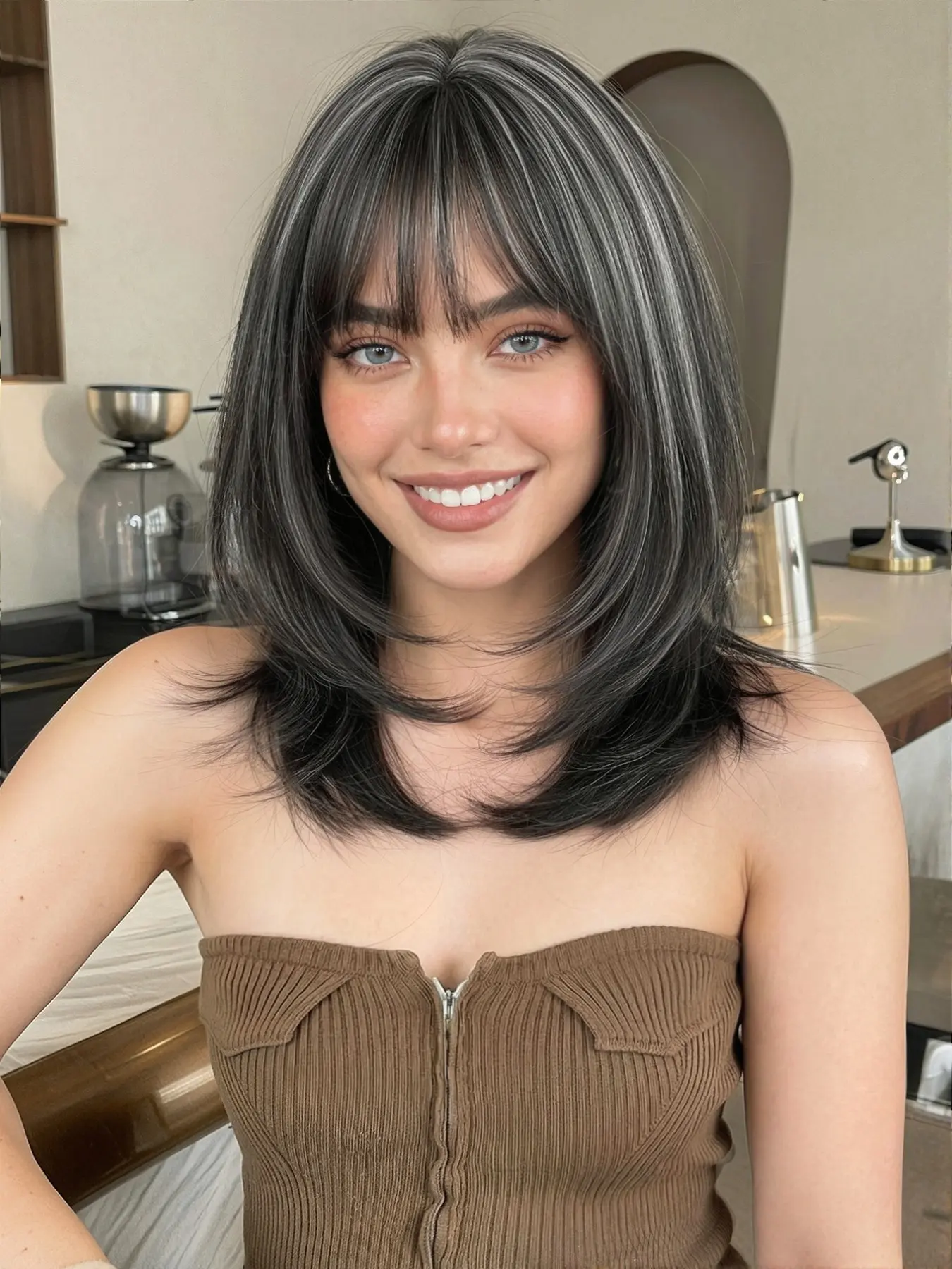 14 Inch Layered Synthetic Wig, Heat Resistant, Salt and Pepper Silver Color Highlights, Medium Length Straight Wig, Synthetic Soft Wigs, Premium Synthetic Wigs