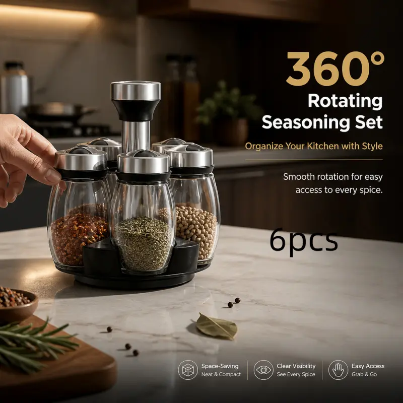 6-Jar Rotating Spice Rack Set, Spices Organizer, rotates smoothly for easy access to all seasonings. Keep your kitchen tidy, ideal for storing various spices and condiments.