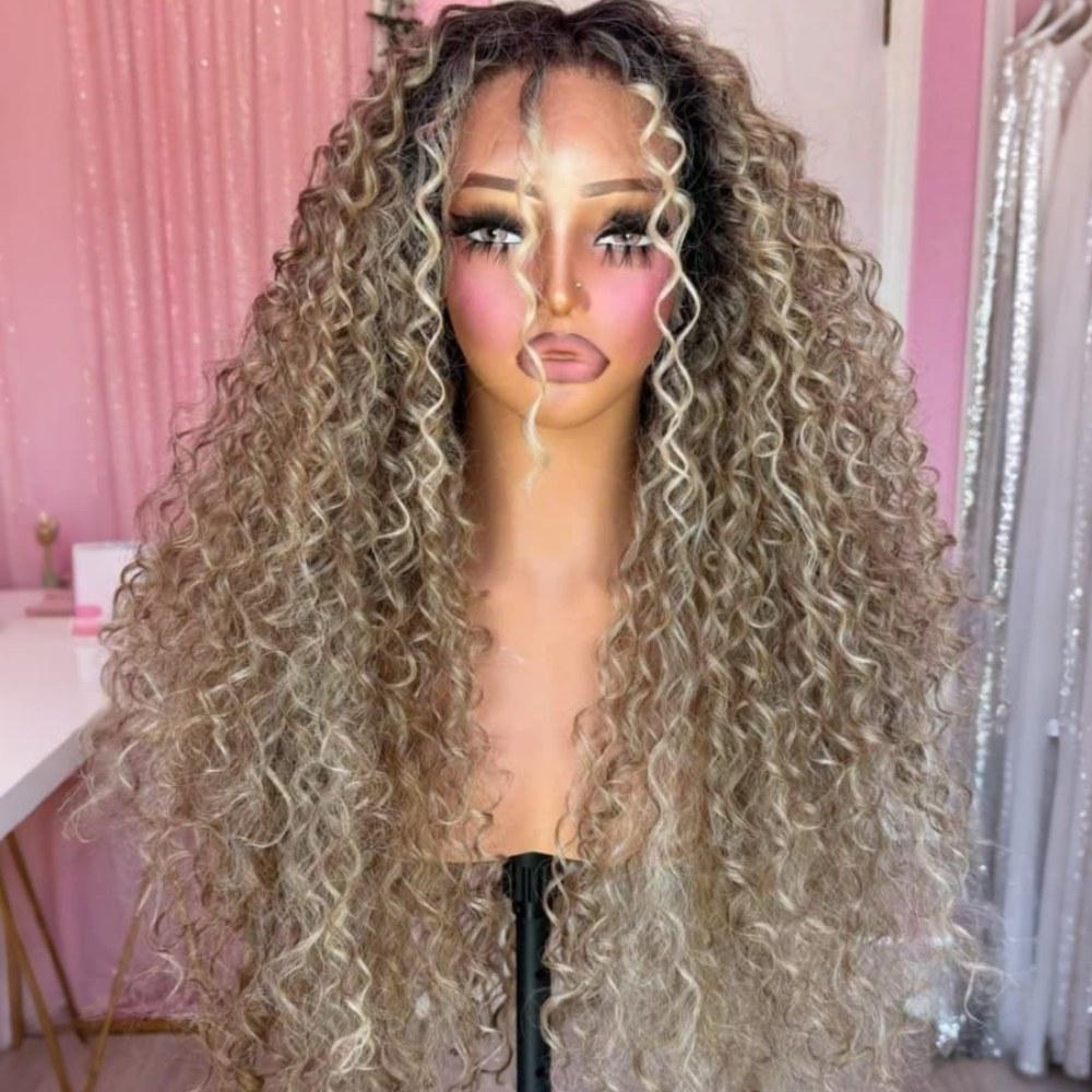 Kinky Curly Lace Front Wig Ombre Brown Roots Ash Blonde  display picture 3