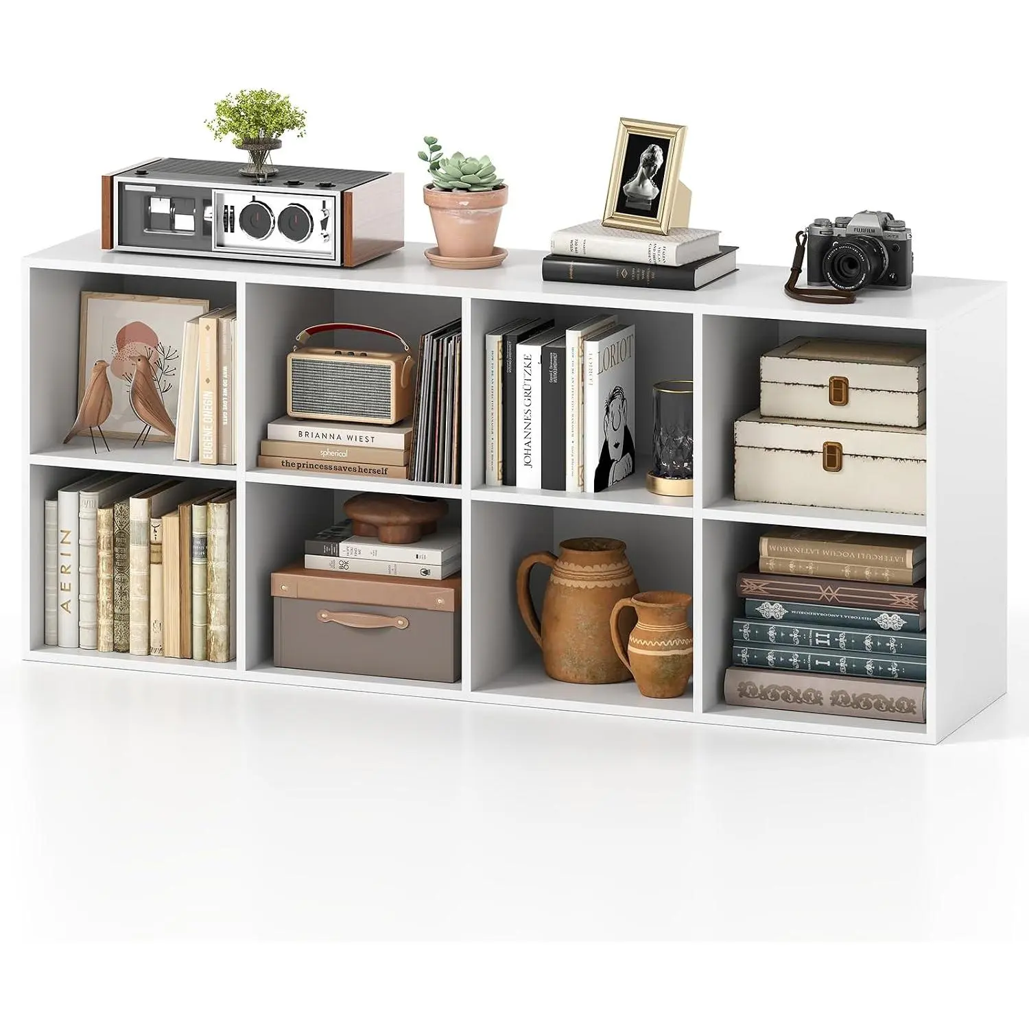 8-Cube Bookcase, Large Floor Standing Horizontal Bookshelf with 8 Open Shelves & 2 Anti-Tipping Kits, Home Office Wooden Storage Book Shelf for Living Room, Study (White, 8-Cube)